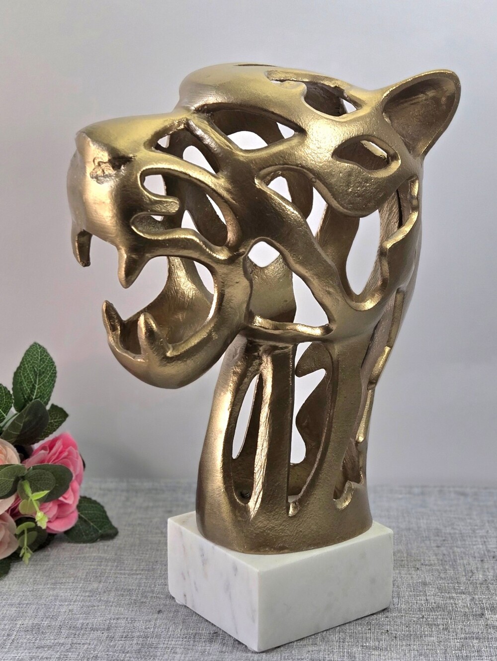 Large 16” Art Deco Gold Openwork Tiger Head Sculpture on White Marble Base Heavy